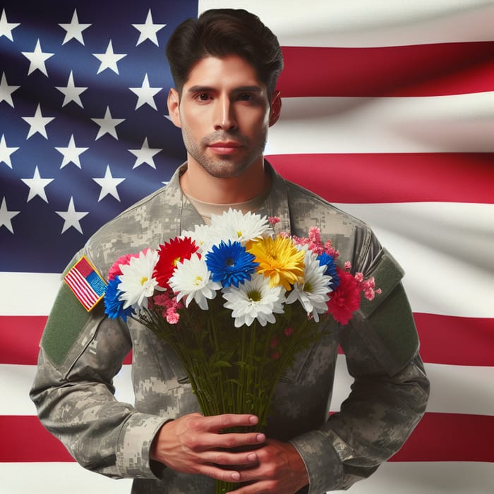 Soldier with Flowers | Russian Flag Background