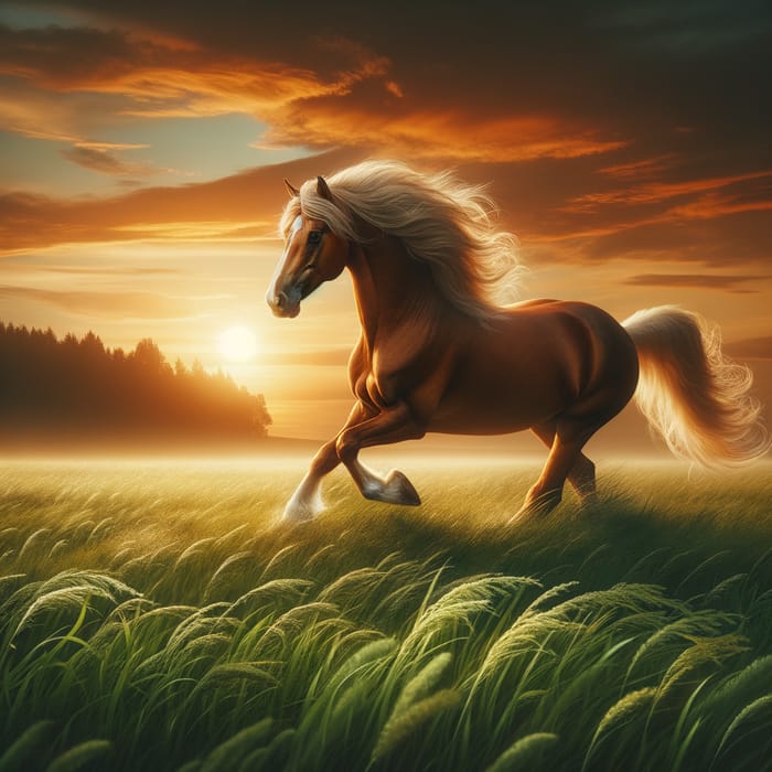 Graceful Chestnut Brown Horse Galloping at Sunset