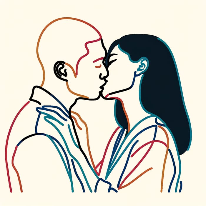 Minimalist Asian Man Black Woman Kissed Line Art