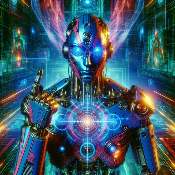 Futuristic Robot with Vibrant Neon Colors and Blue Glowing Eyes in ...