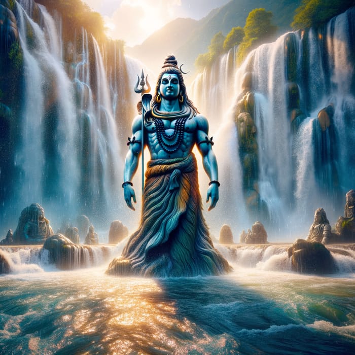 Lord Shiva in Front of Waterfall: Mystical Scene with Vivid Colors