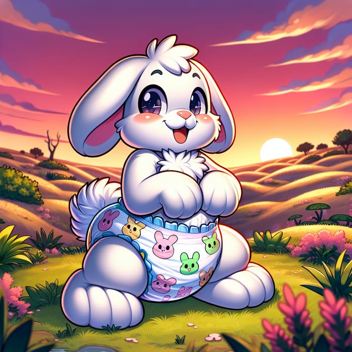 Adorable Cartoon Rabbit in Pampers Diaper in Picturesque Pampa Setting