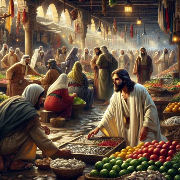 Jesus Bargaining in Vibrant Wet Market - Historical Scene