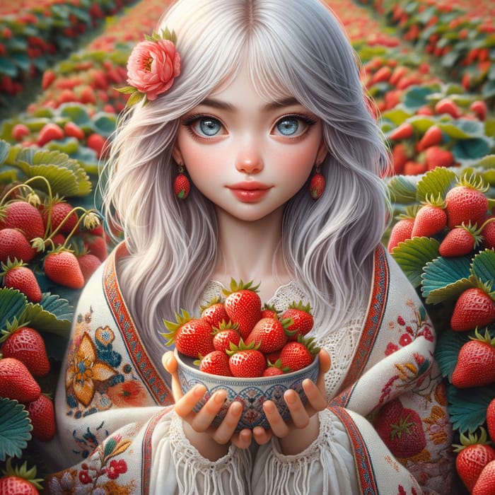 Girl with White Hair Enjoying Ripe Strawberries in Blue-eyed Beauty Field