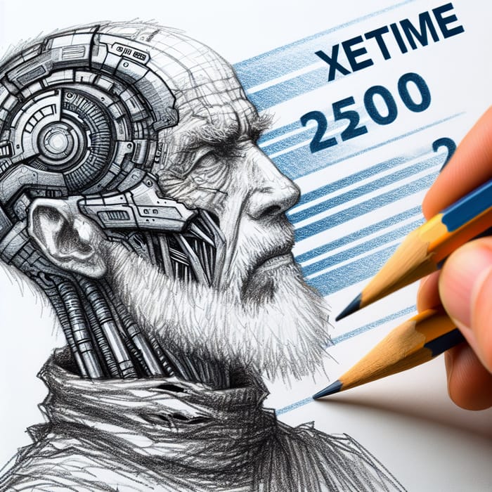 Futuristic Elderly Man with Cybernetic Implant Sketch in 2500