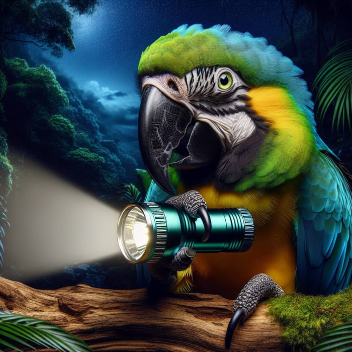 Curious Macaw Parrot Illuminates Night Jungle with Flashlight