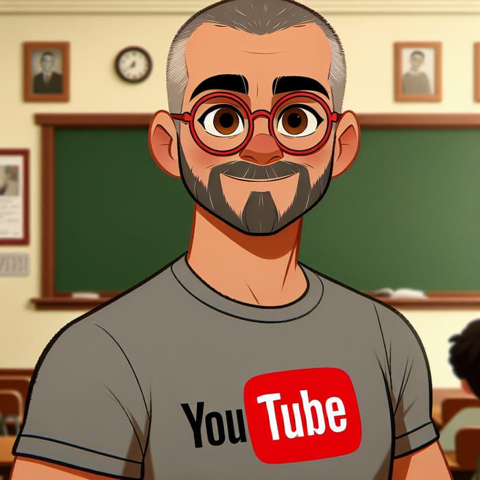 Classic Disney Style Illustration of a 30-Year-Old Light Brown-Skinned Professor with Grey Hair and Red Glasses