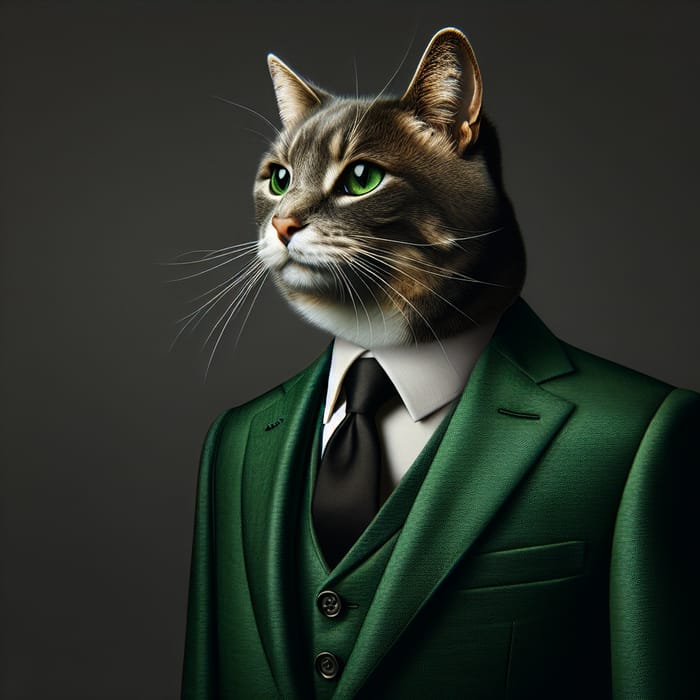 Elegant Cat in Stylish Green Suit and Black Tie