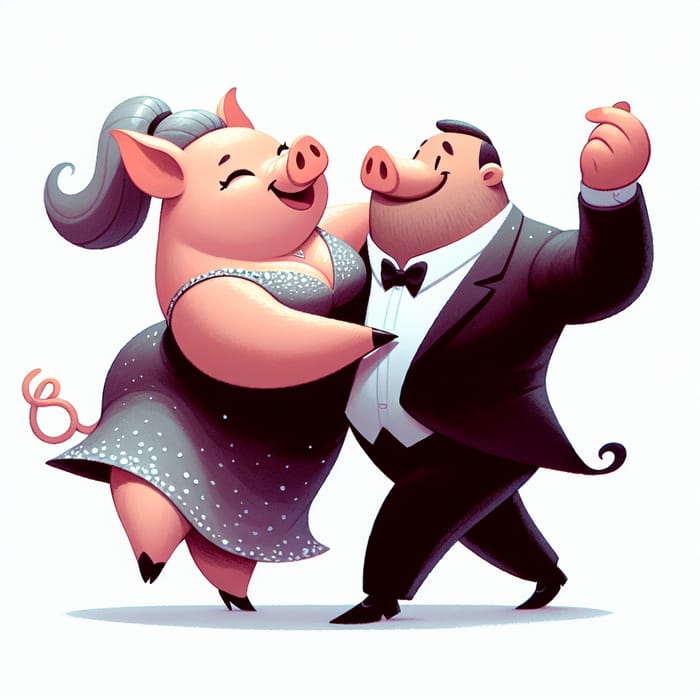 Obese Anthropomorphic Pig Dancing with Human Man