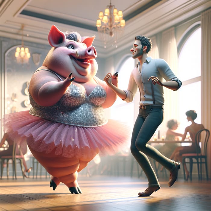 Obese Pig Dances with Slim Man in a Cheerful Dance Scene