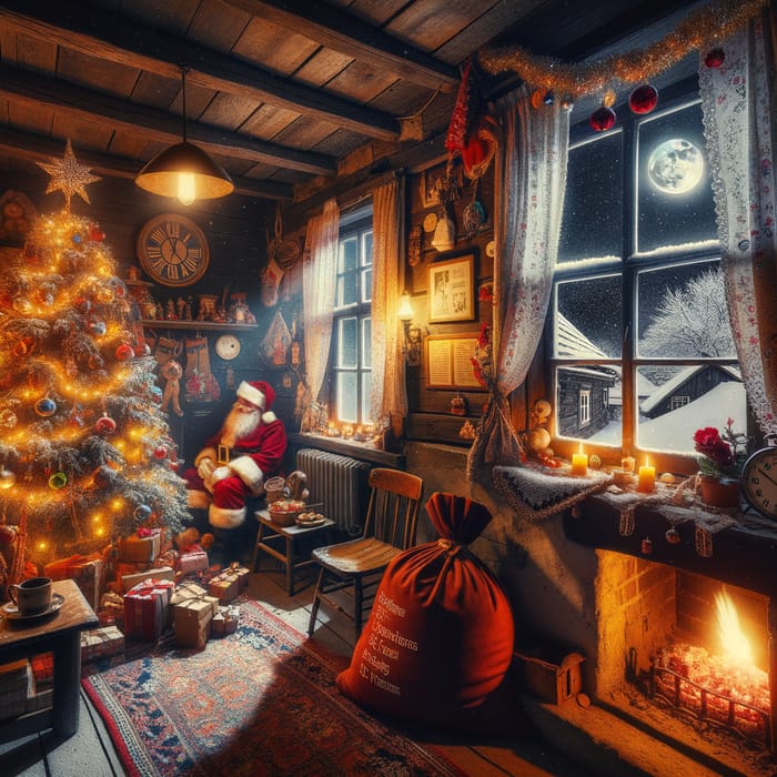 Festive Christmas Village Scene with Santa and Fireplace Glow