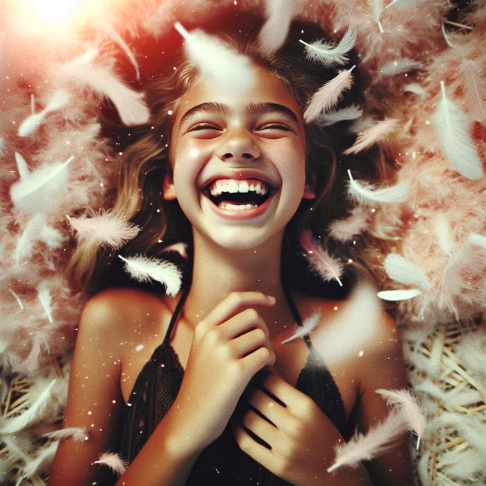 Summer Bliss: Teenage Girl Laughing in Pink and White Feathers