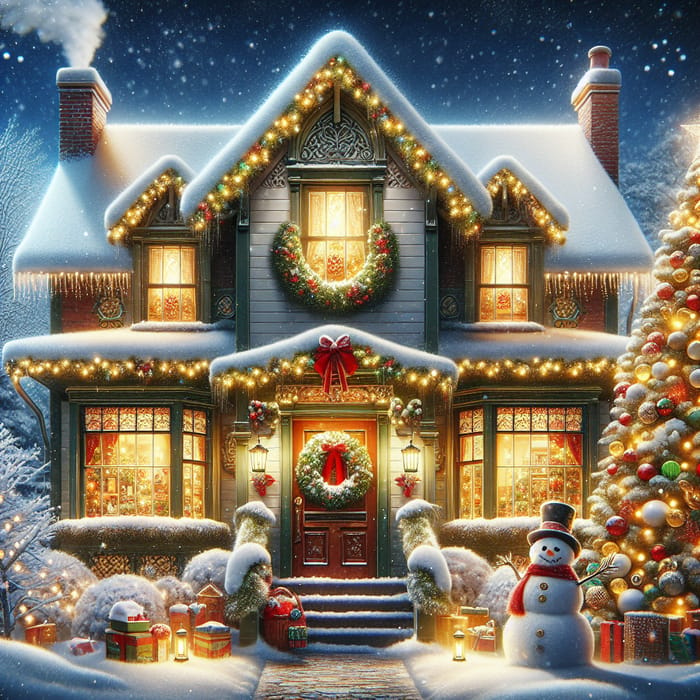 Cozy Christmas House with Snowman & Pine Tree Decoration