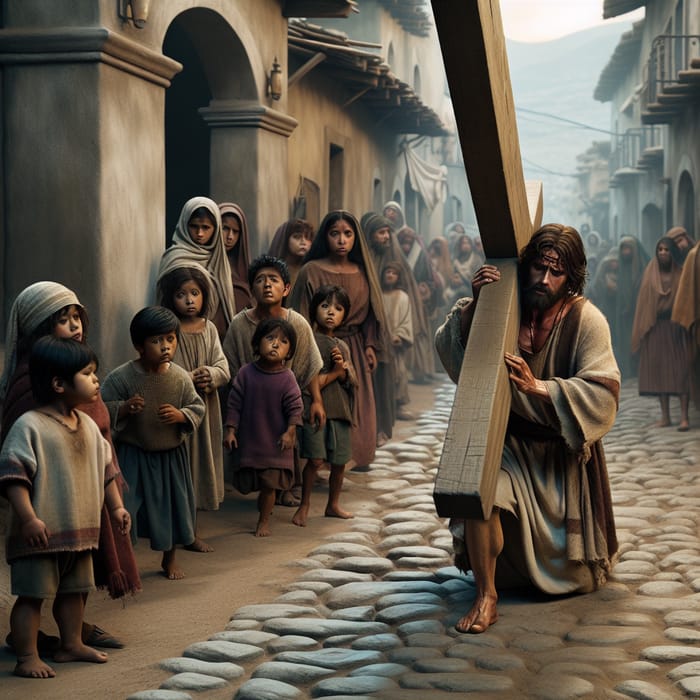 Jesus Christ Exhausted Carrying Cross in Presence of Diverse Street Children