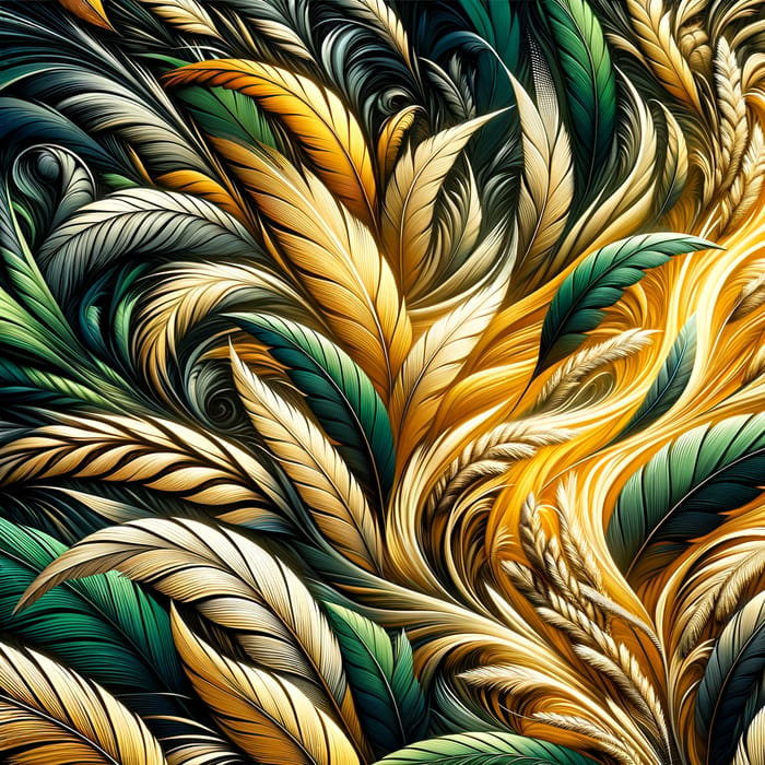 Green Gold Abstraction: Leaves, Feathers, Wheat