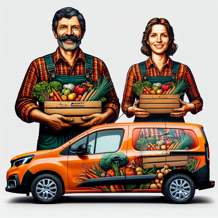 Peugeot Partner Orange Car Farmer Family Illustration