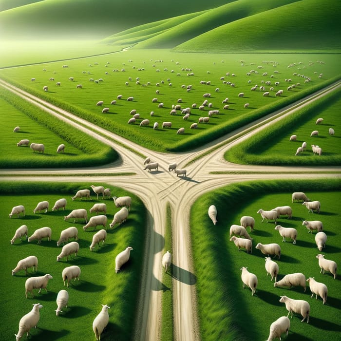 Tranquil Meadow Landscape: Grazing Sheep & Road Cross