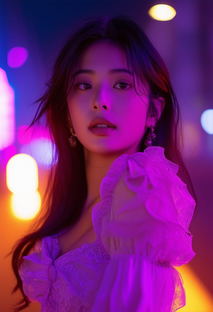Asian Girl in Iconic Night Wear: Neon-infused Beauty
