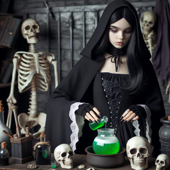 Gloomy Young Female Alchemist Brewing Green Poison Potion