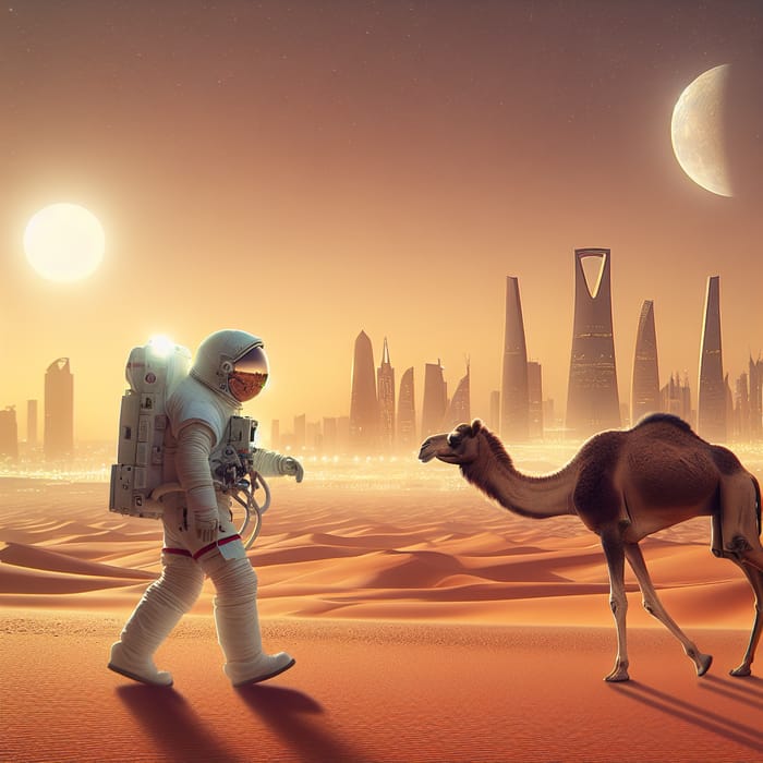 Astronaut Gazelle Guiding Camel in Riyadh AI Art Generator