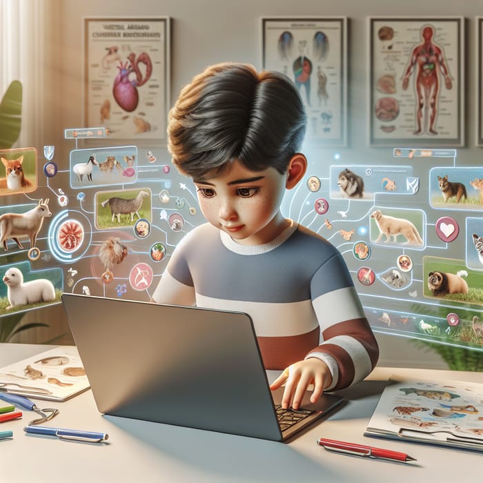 Hispanic Child Explores Veterinary World on Laptop in 3D