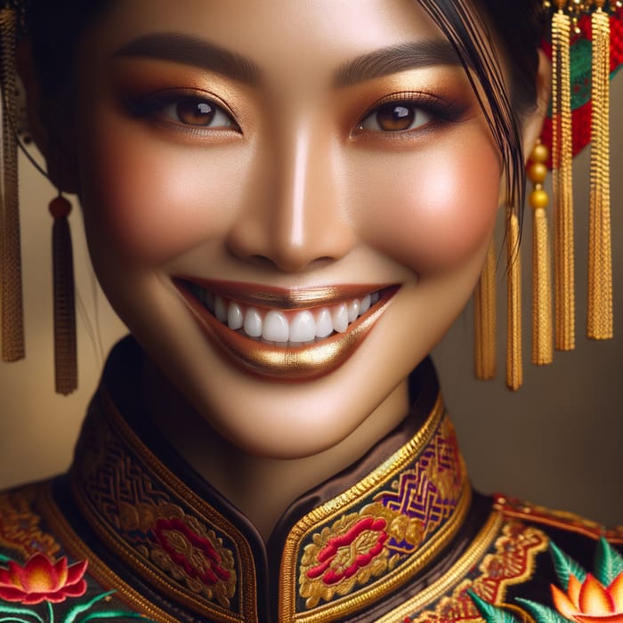 Asian Woman in Traditional Attire with Gold Teeth