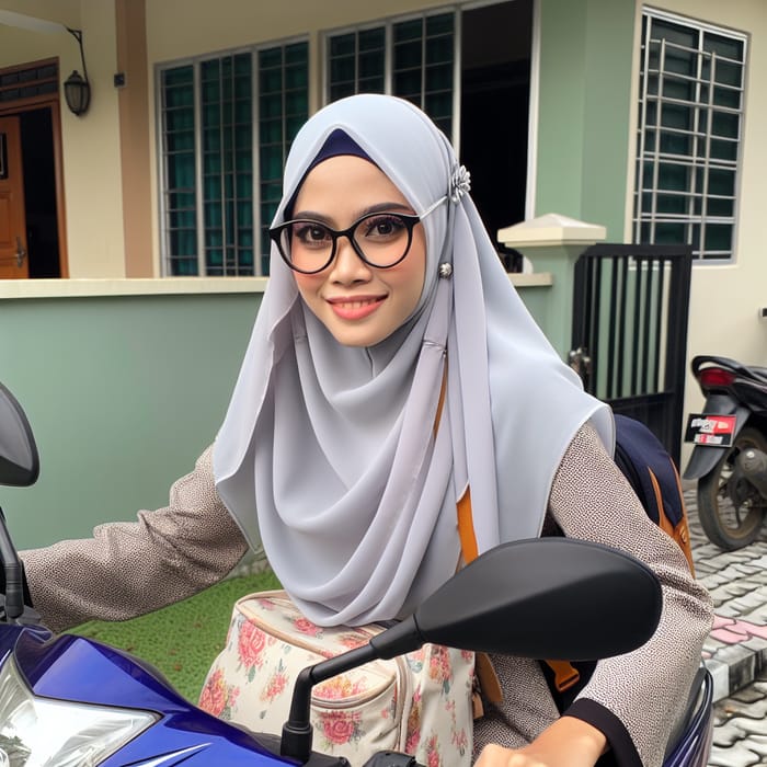 South Asian Woman Teacher Riding Motorbike - Multicultural Educator in Hijab and Glasses