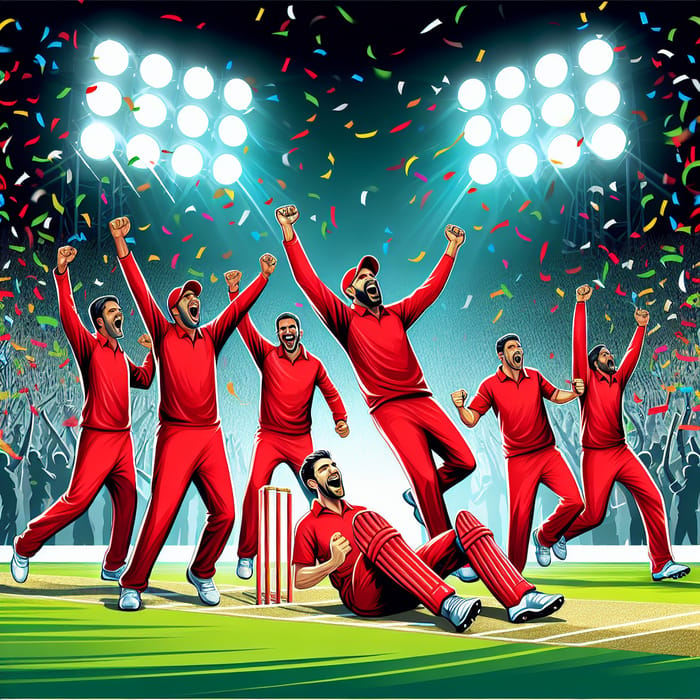 Triumphant Multicultural Cricket Team Celebrates Victory Under Floodlights