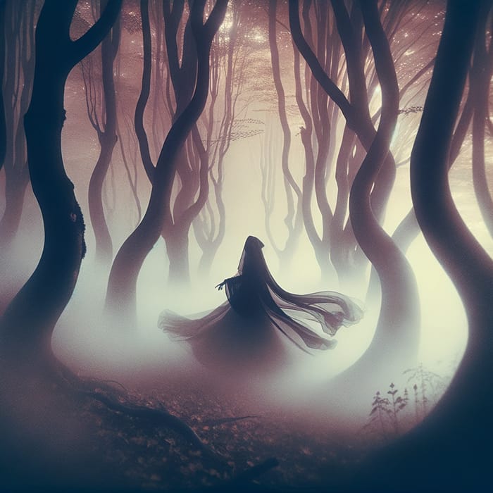 Mysterious Figure Moving Gracefully Through Dreamlike Forest