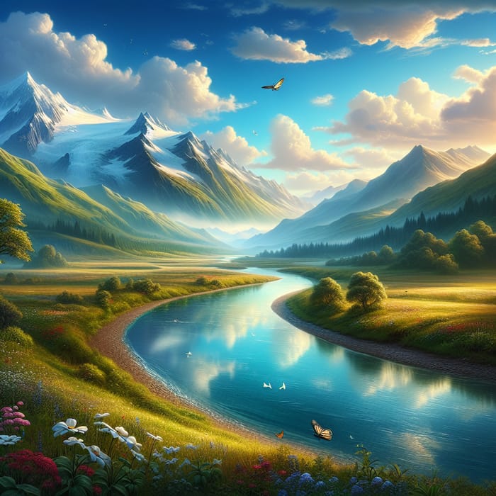 Serenity Landscape Art - Tranquil River Valley & Majestic Mountains