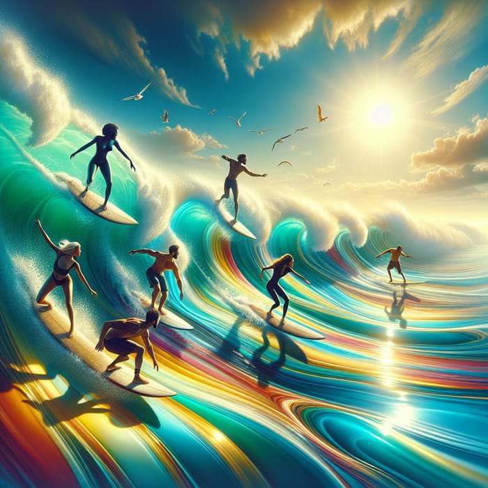 Vibrant Surfing Scene | Diverse Surfers Catching Colorful Waves