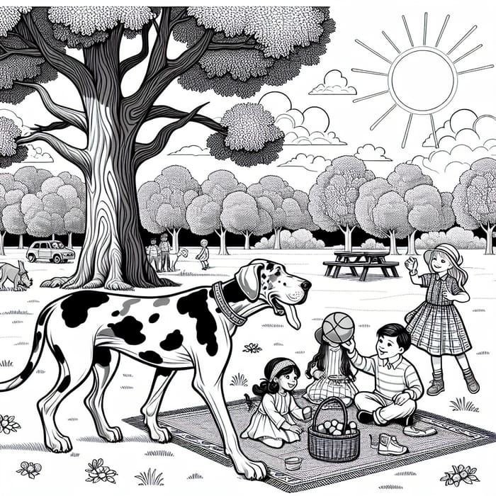 Monochrome Great Dane Playing Fetch in Park - Children's Coloring Page