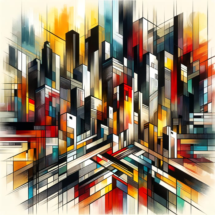 Vibrant City Energy: Abstract Geometric Art in Red, Yellow & Black