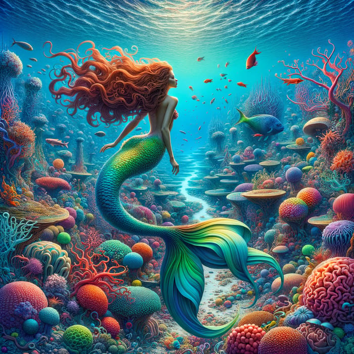 Surreal Mermaid Swimming Among Vibrant Coral Reefs