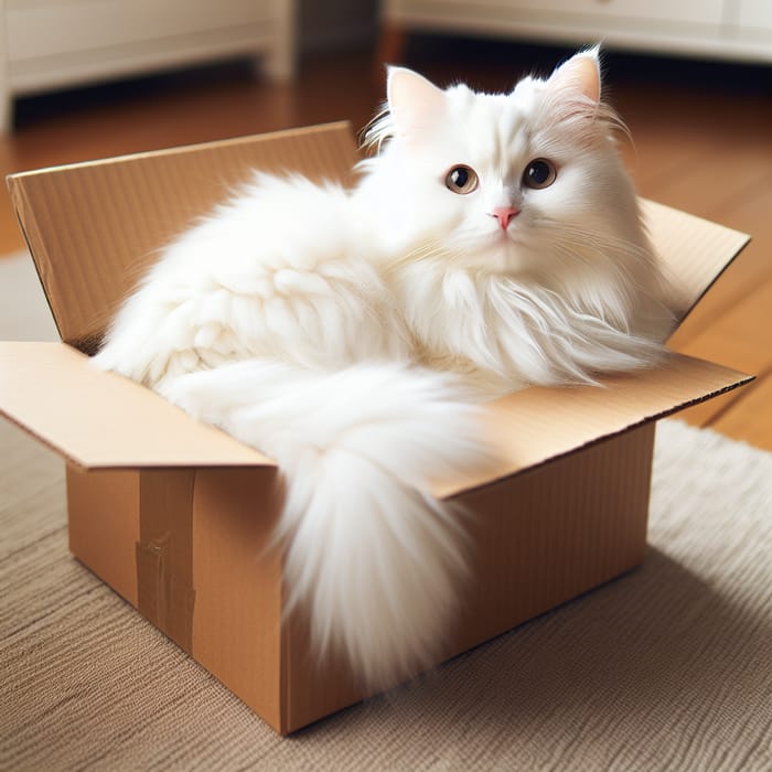 White Fluffy Cat in Cardboard Box - Charming Feline Nestled Comfortably