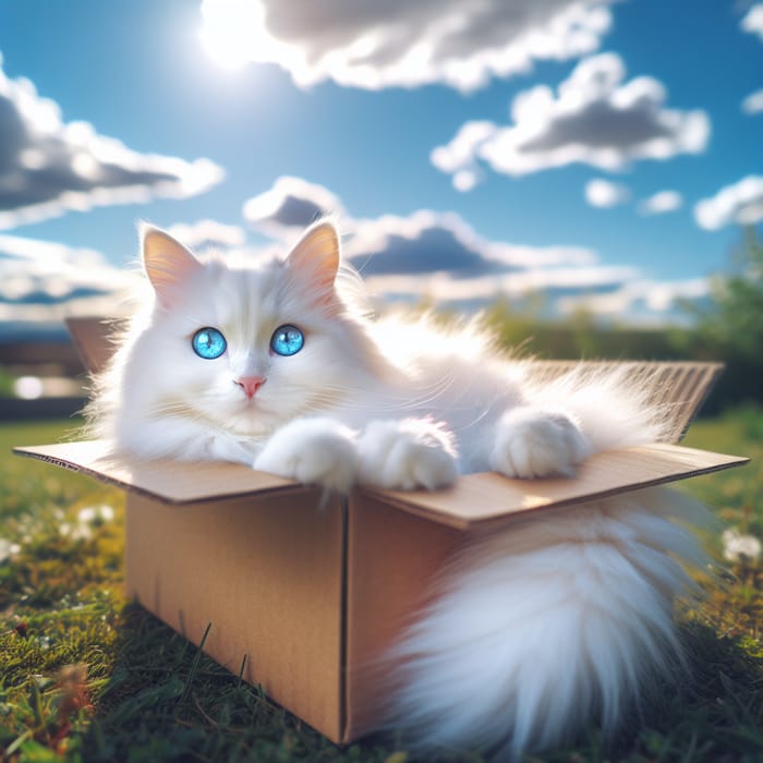 White Fluffy Cat in Cardboard Box | Sunny Outdoor Pet Scene