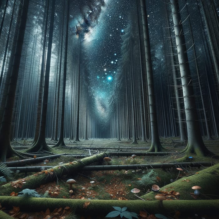 Universe View from Forest Floor: Serene Night Among Majestic Trees