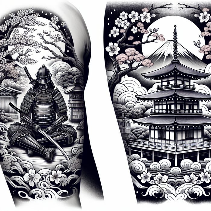 Detailed Samurai Tattoo Design with Cherry Blossom Tree and Temple