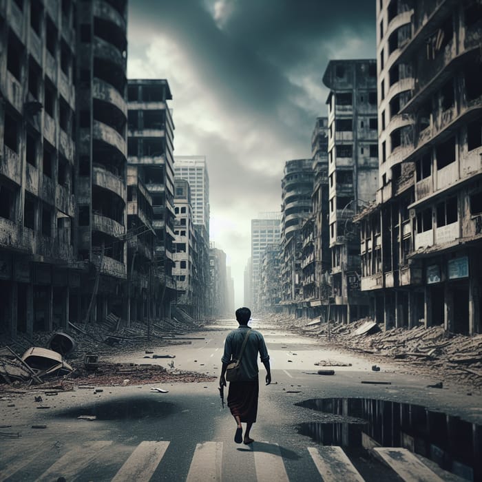 Resilient South Asian Man Walking Through Abandoned Post-War City