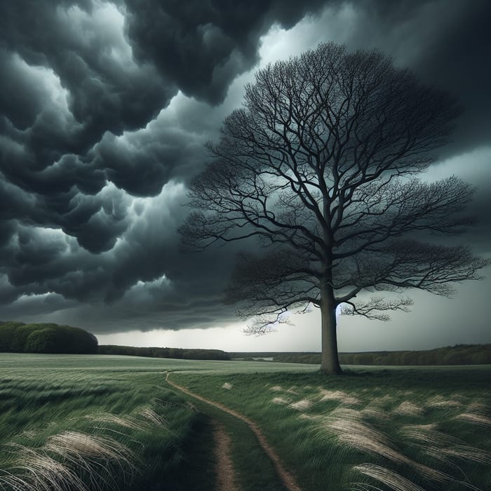 Lonely Tree in Field Under Approaching Storm
