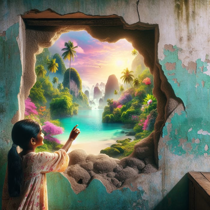 Girl Discovers Paradise Through Old Wall: A Touch of Beauty