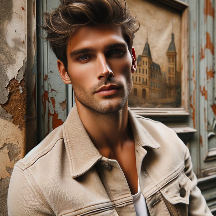 Stylish Caucasian Male Model in Beige Denim Jacket | Traditionally-Styled French Wall