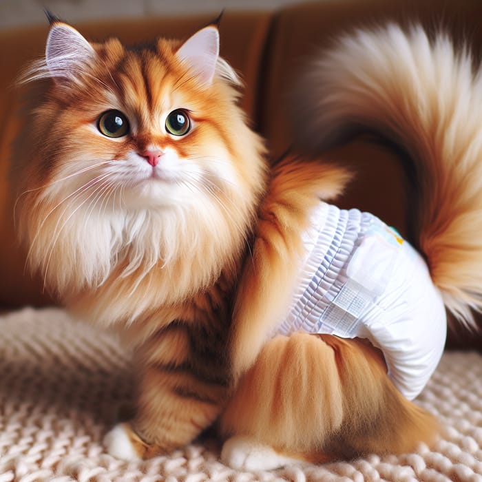 Playful Fluffy Orange Cat in Stylish Baby Diaper