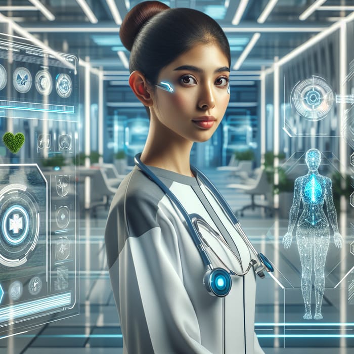 Futuristic South Asian Female Health Worker | Advanced Medical Tech