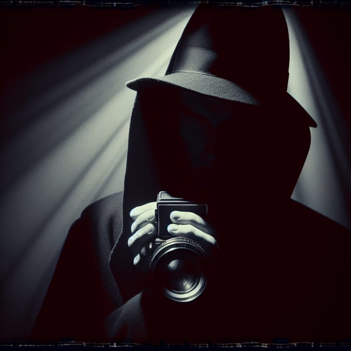 Shadowy Enigma: Stylish Film Noir Figure & Vintage Camera Capture