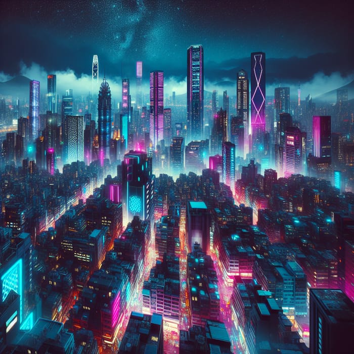 Dystopian Cyberpunk Metropolis: Neon Lights & Skyscrapers