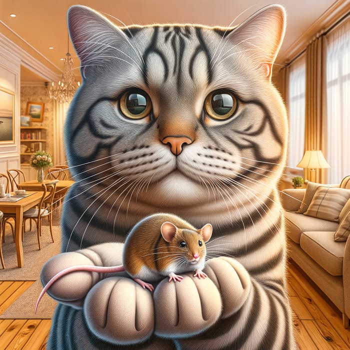 Adorable Cat Holding Mouse in Cozy Indoor Setting