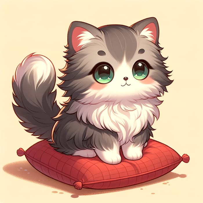 Cute Gray and White Fluffy Domestic Cat on Red Cushion