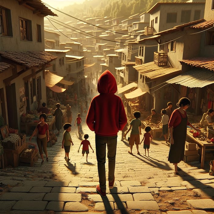 Exploring Economilandia: Boy in Red Hoodie Through Quaint Town