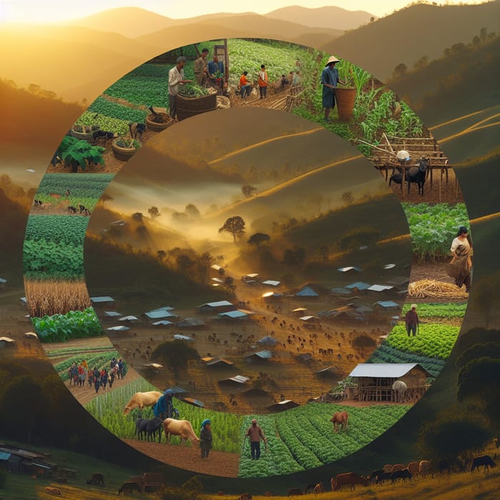 Inclusive Sustainable Farming Community at Early Sunset | Diverse Agriculture